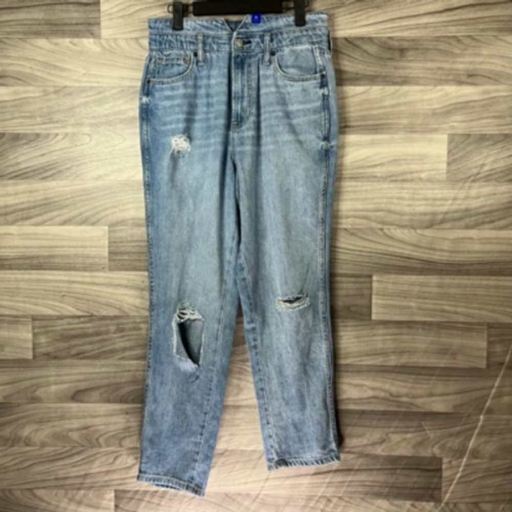 Arizona Jean Co Womens Tapered Leg Mom Jeans Blue Distressed Denim Juniors 9 New
